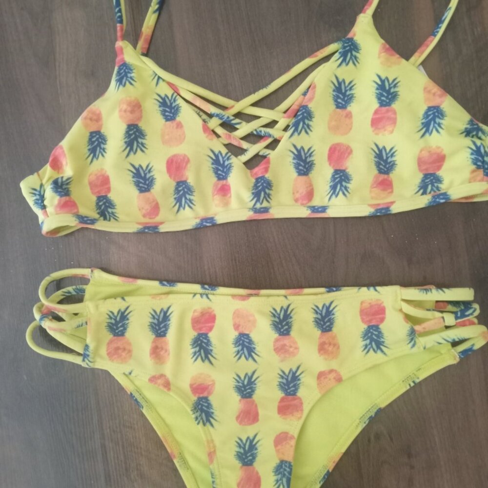 Hollister XS Bikini (Strappy Bright Neon Yellow Pineapples)